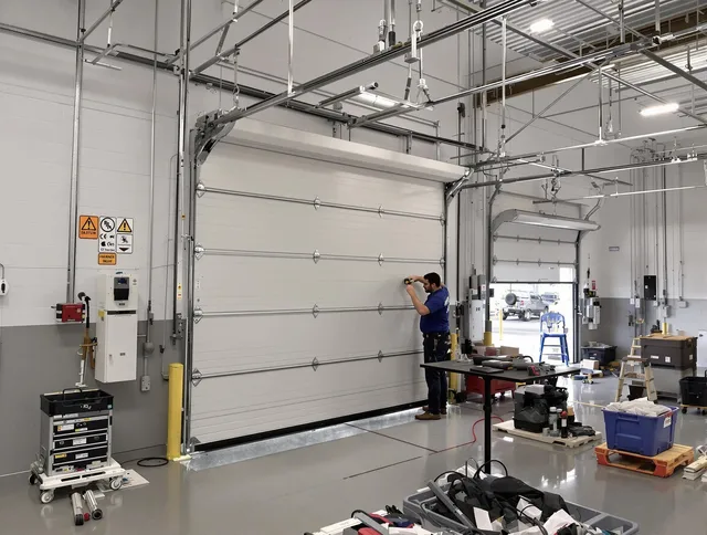 Commercial garage door repair being performed by Medina Garage Door Repair expert in Medina