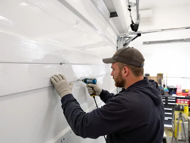 Medina Garage Door Repair technician demonstrating precision dent removal techniques on a Medina garage door