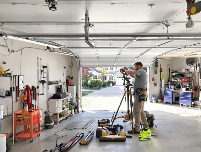 Medina Garage Door Repair specialist performing laser-guided track alignment in Medina